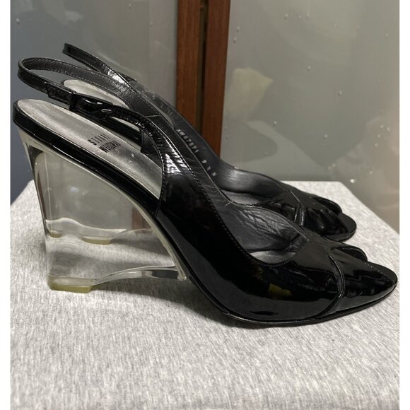 Stuart Weitzman Vintage Y2K Womens Plexiglass Lucite Wedge Peeptoe Sandals 9.5 N - Picture 2 of 8